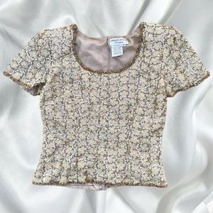 Vintage sparkle sequin and pearl embellished floral silk gown top